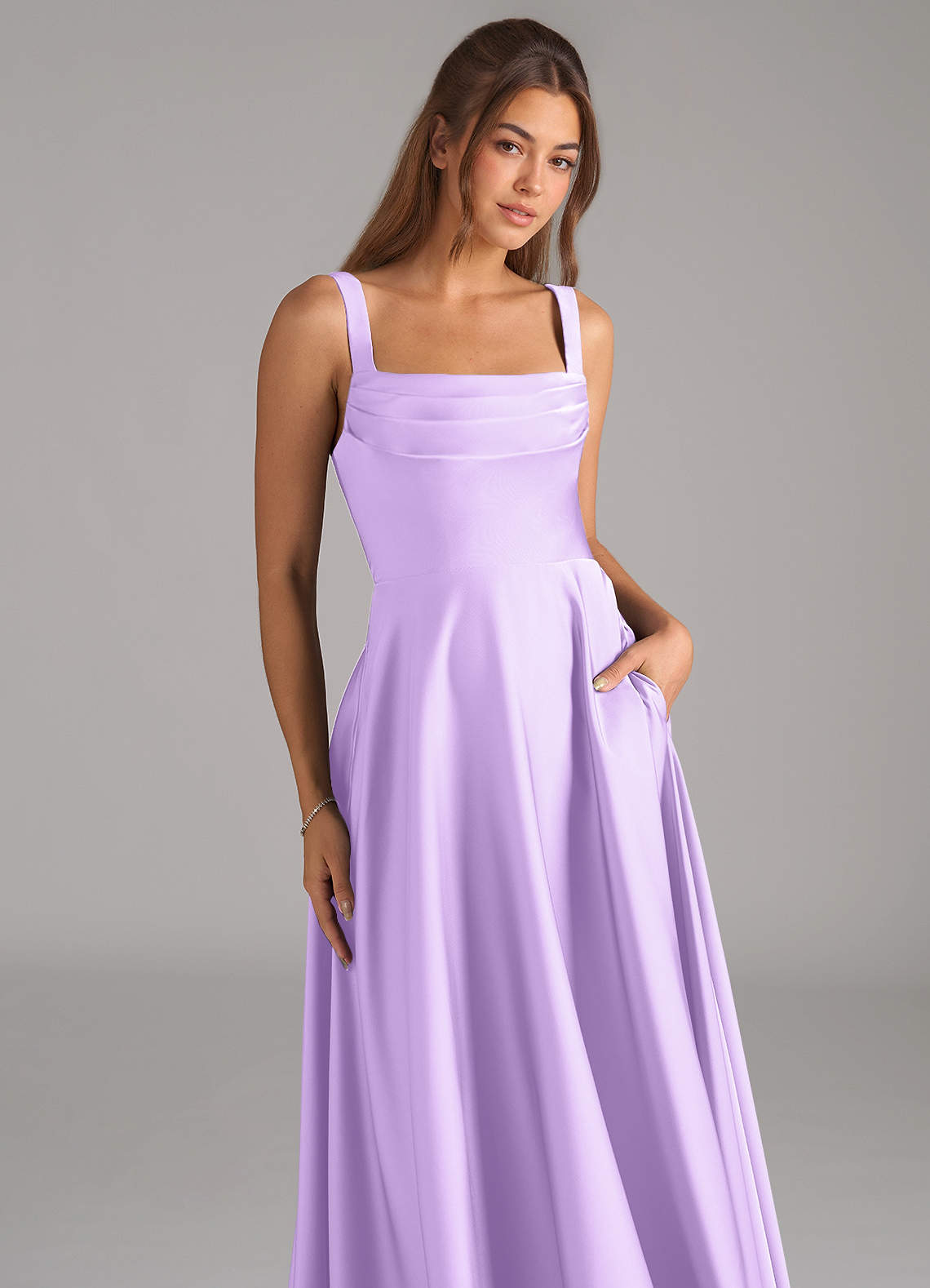 Azazie Shaude Bridesmaid Dresses Lilac A-Line Pleated Stretch Satin Dress image1