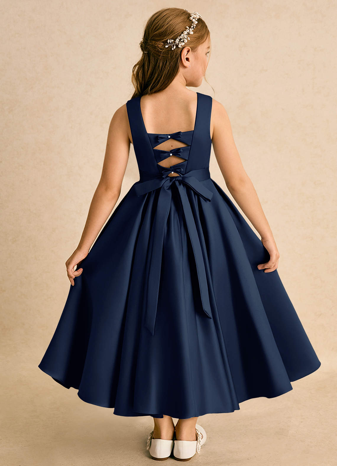 Azazie Junebuj Flower Girl Dresses Dark Navy Ball-Gown Pleated Matte Satin Dress image1
