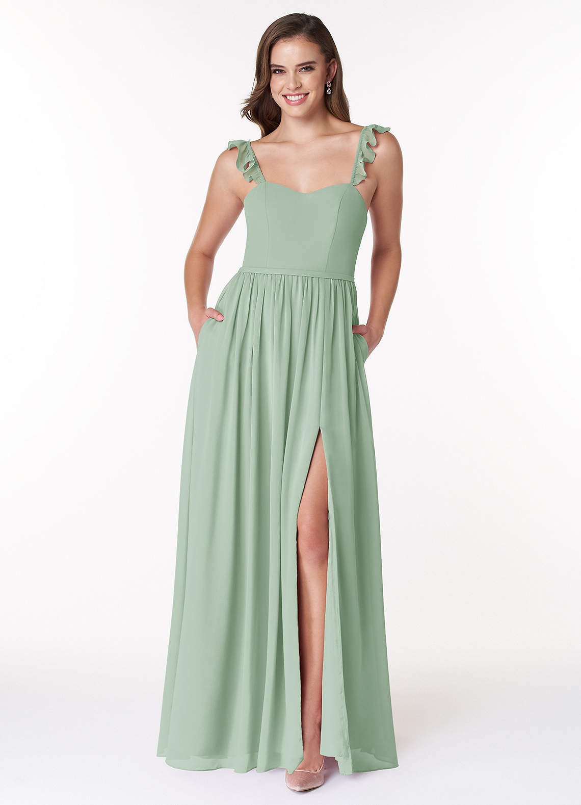 Azazie Metz Brautjungfernkleider A-Linie Herzchen Gerüscht Chiffon Kleid Agave image1