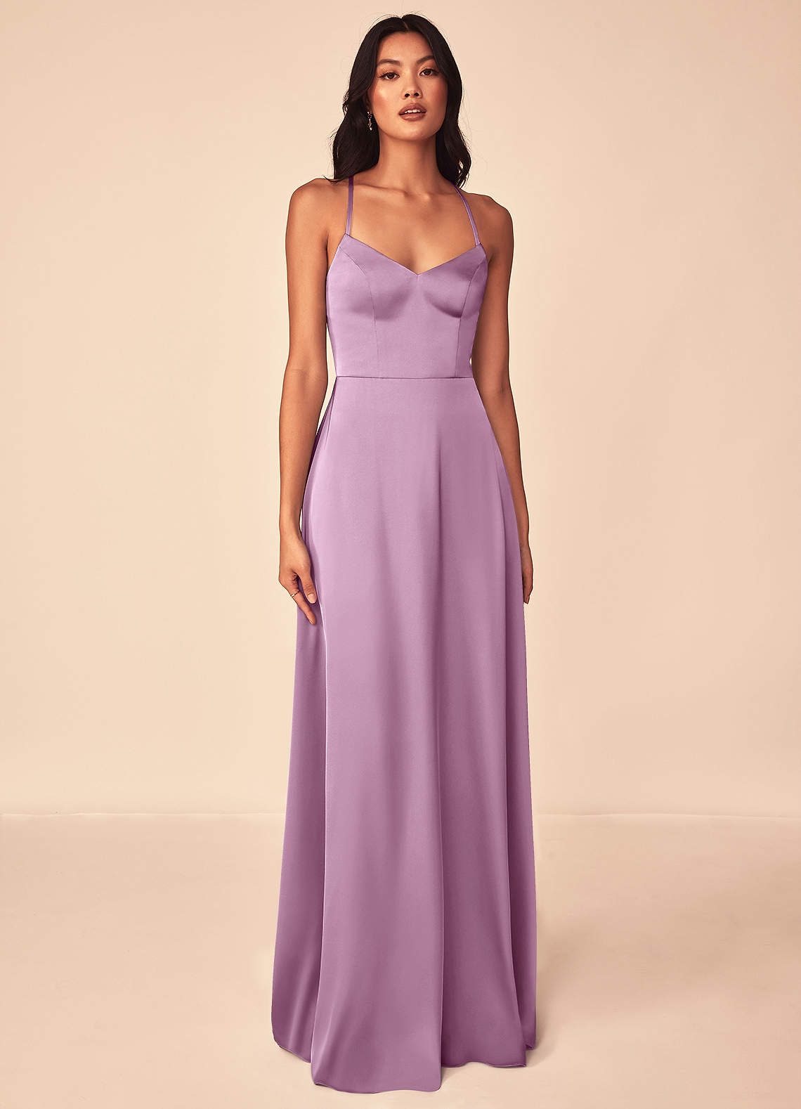 Azazie Mei Bridesmaid Dresses Wisteria A-Line V-Neck Stretch Satin Dress image1
