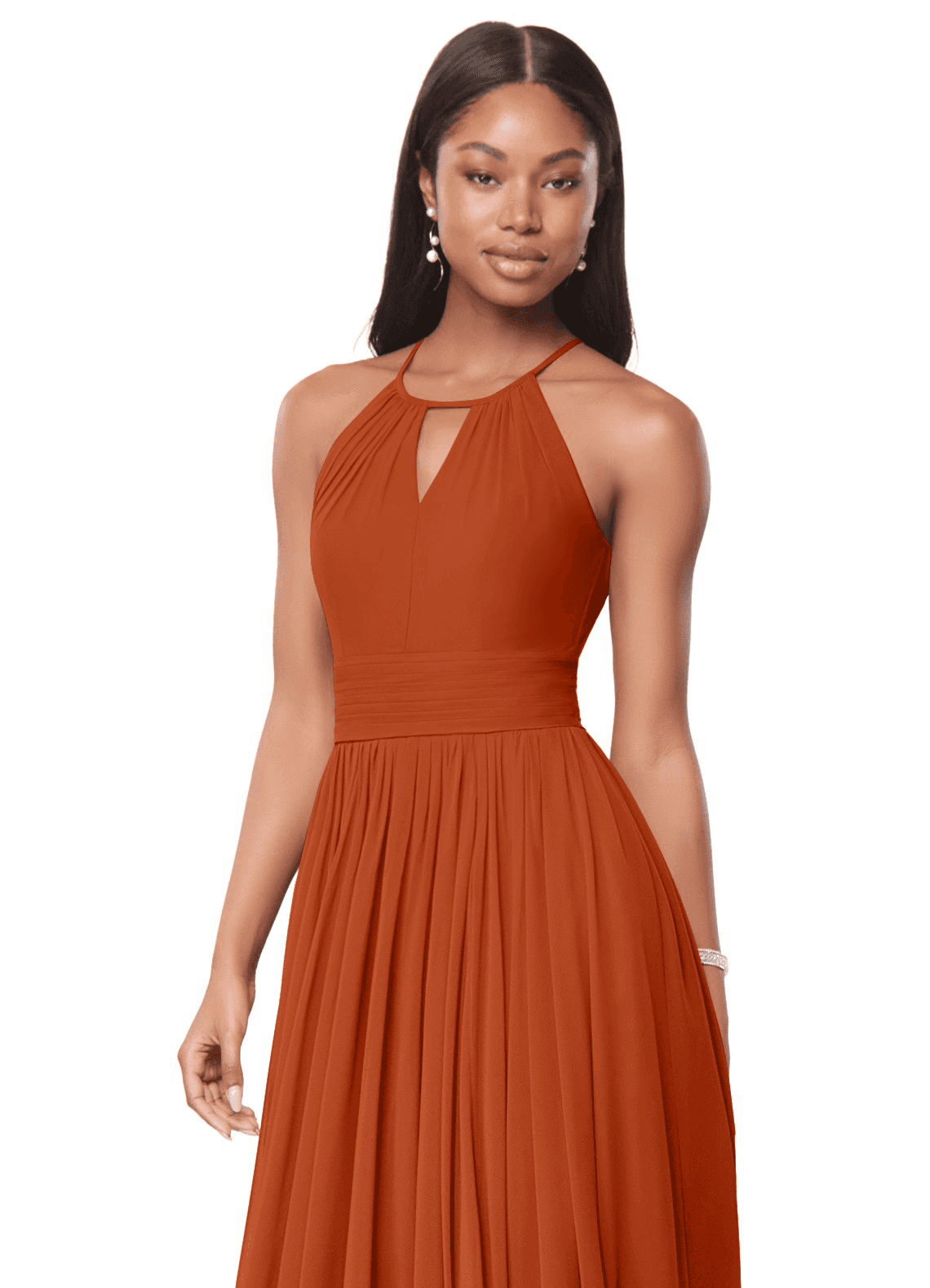Azazie Cherish Vestidos de damas de honor Vestido de Naranja Quemada de Gasa de Corte en A con Plisado image1