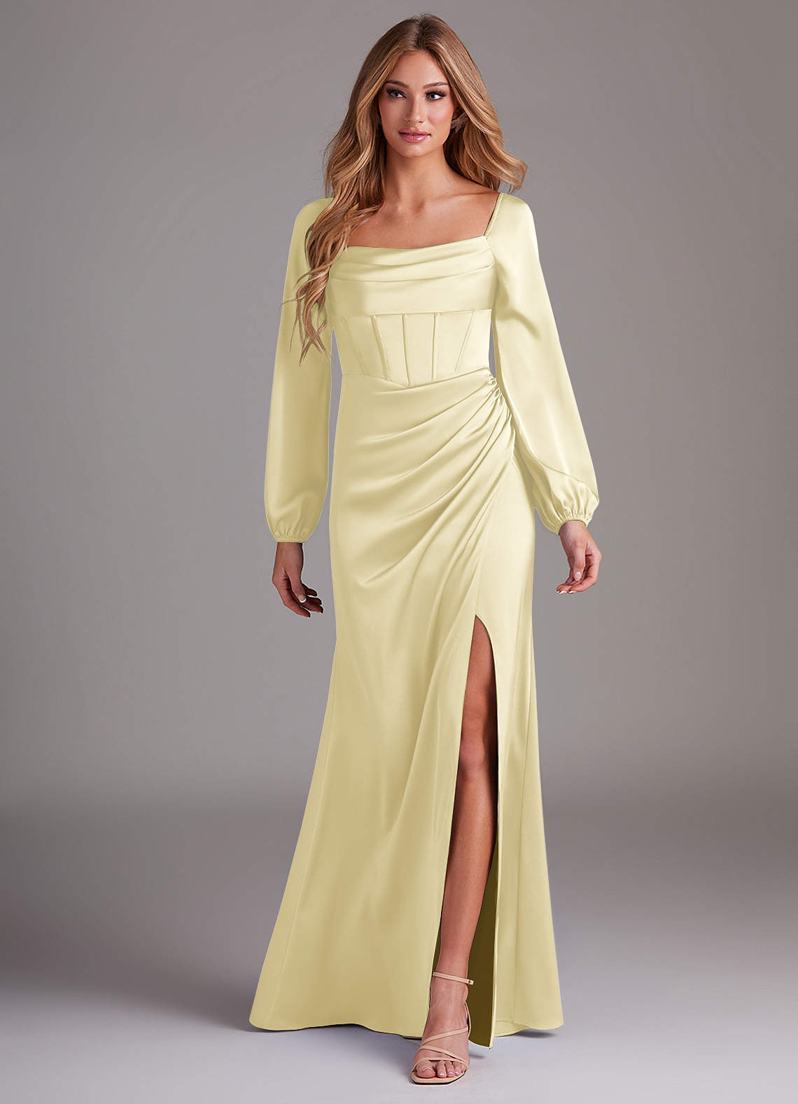 lemon satin bridesmaid dress Bridesmaid Dress Lemon Sheath/Column Spaghetti Straps V-Neck Floor Length Chiffon Bridesmaid Dresses with Slit main image 1