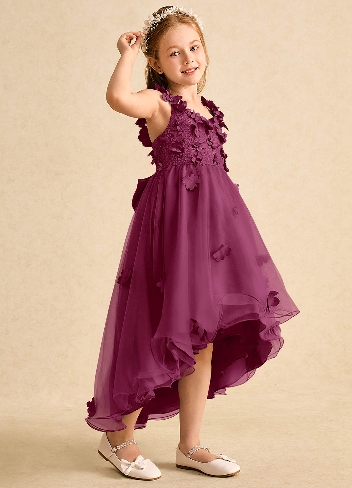 Azazie Tweety Flower Girl Dresses Mulberry A-Line Lace Tulle Dress image1