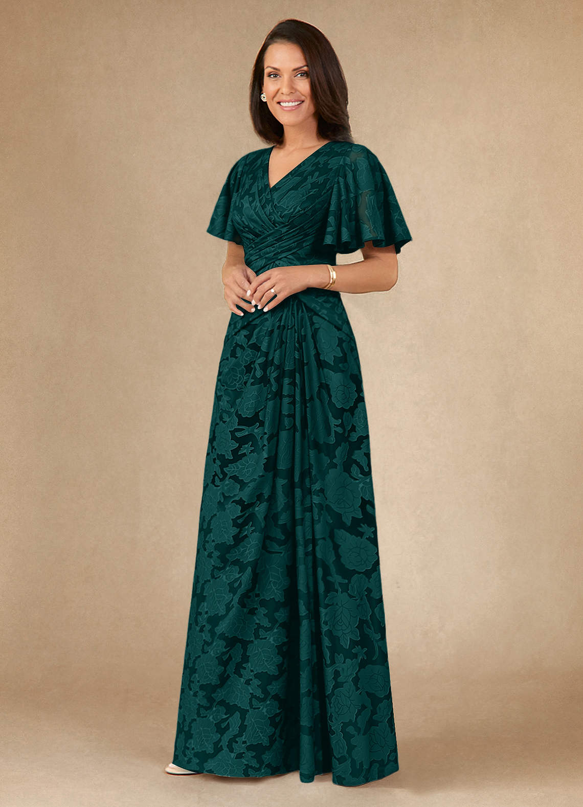Azazie Emmeline Vestidos para mãe da noiva Vestido Pinho de Esgotamento Floral de Linha A com Plissado image2
