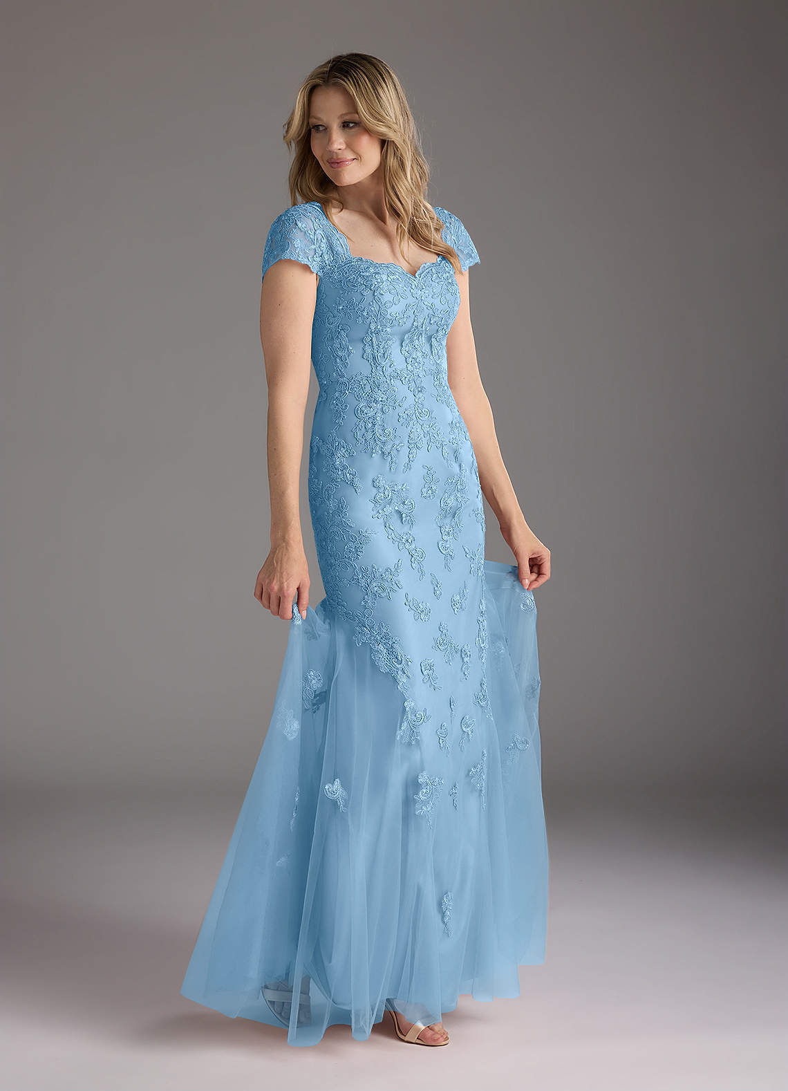 Azazie Marbella Mother of the Bride Dresses Steel Blue Mermaid Queen Anne Sequins Lace Dress image1