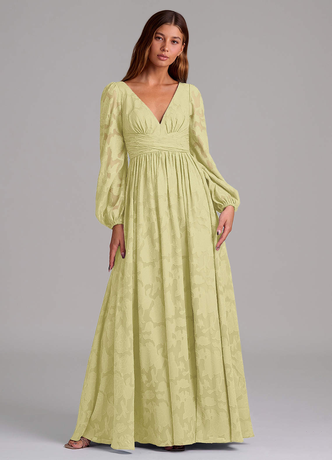 Azazie Norah Bridesmaid Dresses Lemon Sorbet A-Line Long Sleeve Floral Burnout Dress image1