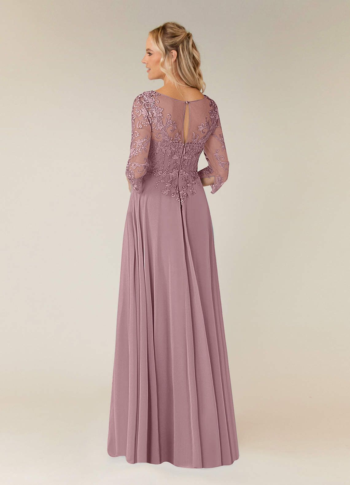 Azazie Noella vestidos de madre de la novia Vestido de Rosa Polvorienta de Gasa de Corte en A con Encaje cuello pico image3