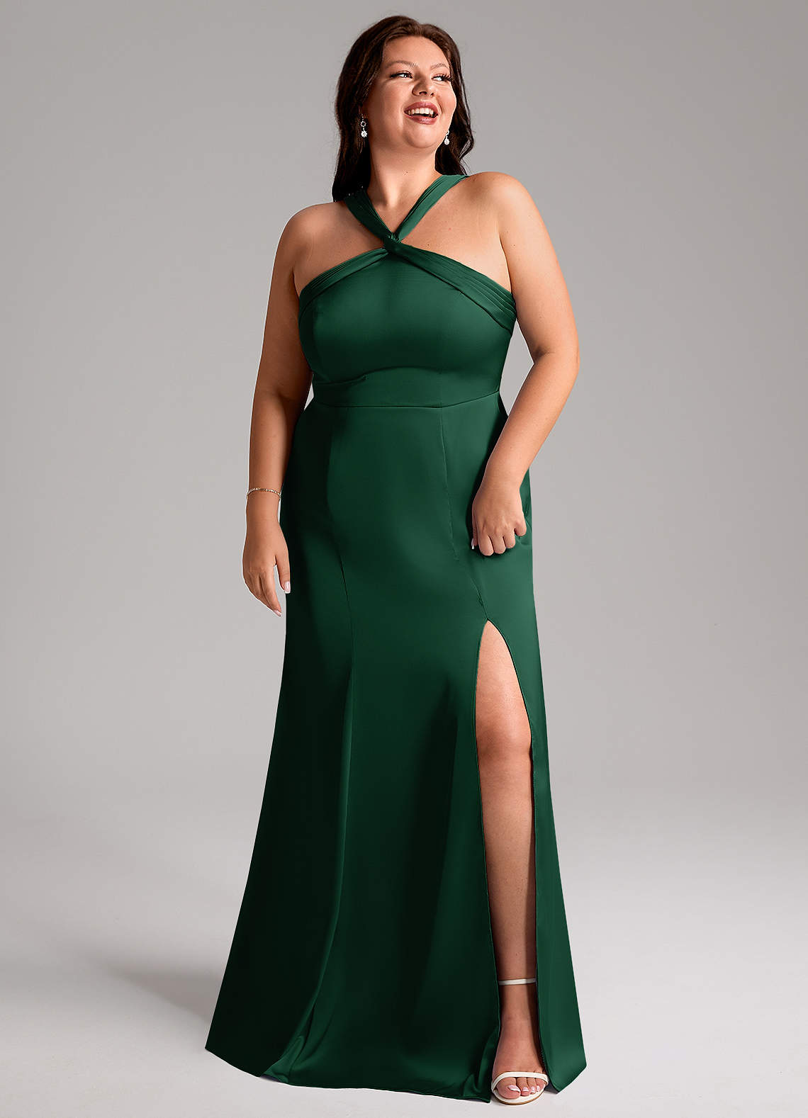 Azazie Mermaid Halter Neck Floor-Length Stretch Satin Bridesmaid Dresses - Dark Green