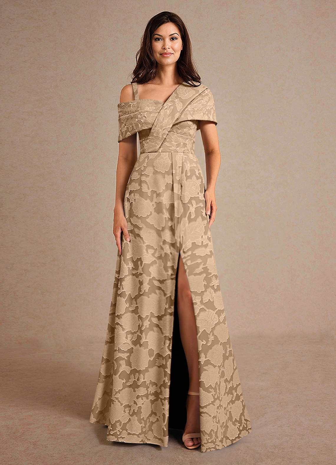 Azazie Milton Mother of the Bride Dresses Champagne A-Line Pleated Floral Burnout Dress image5