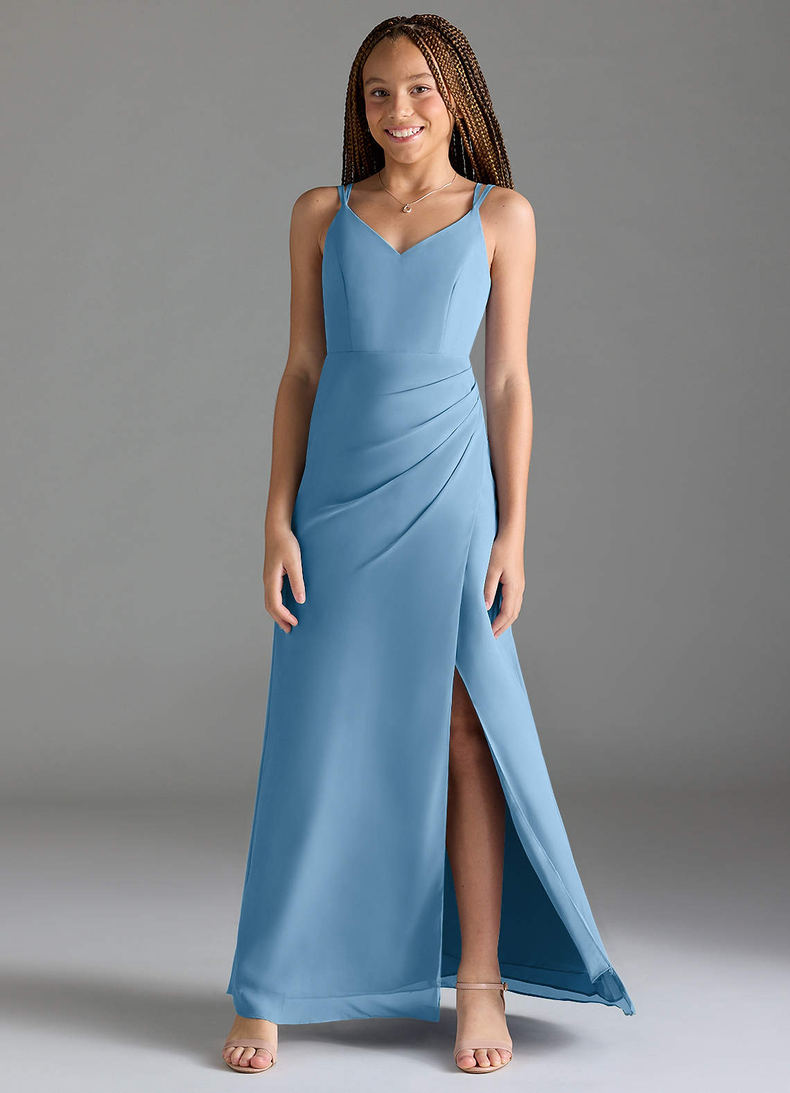 Azazie Leo Junior Steel Blue Mermaid Pleated Chiffon Dress image1