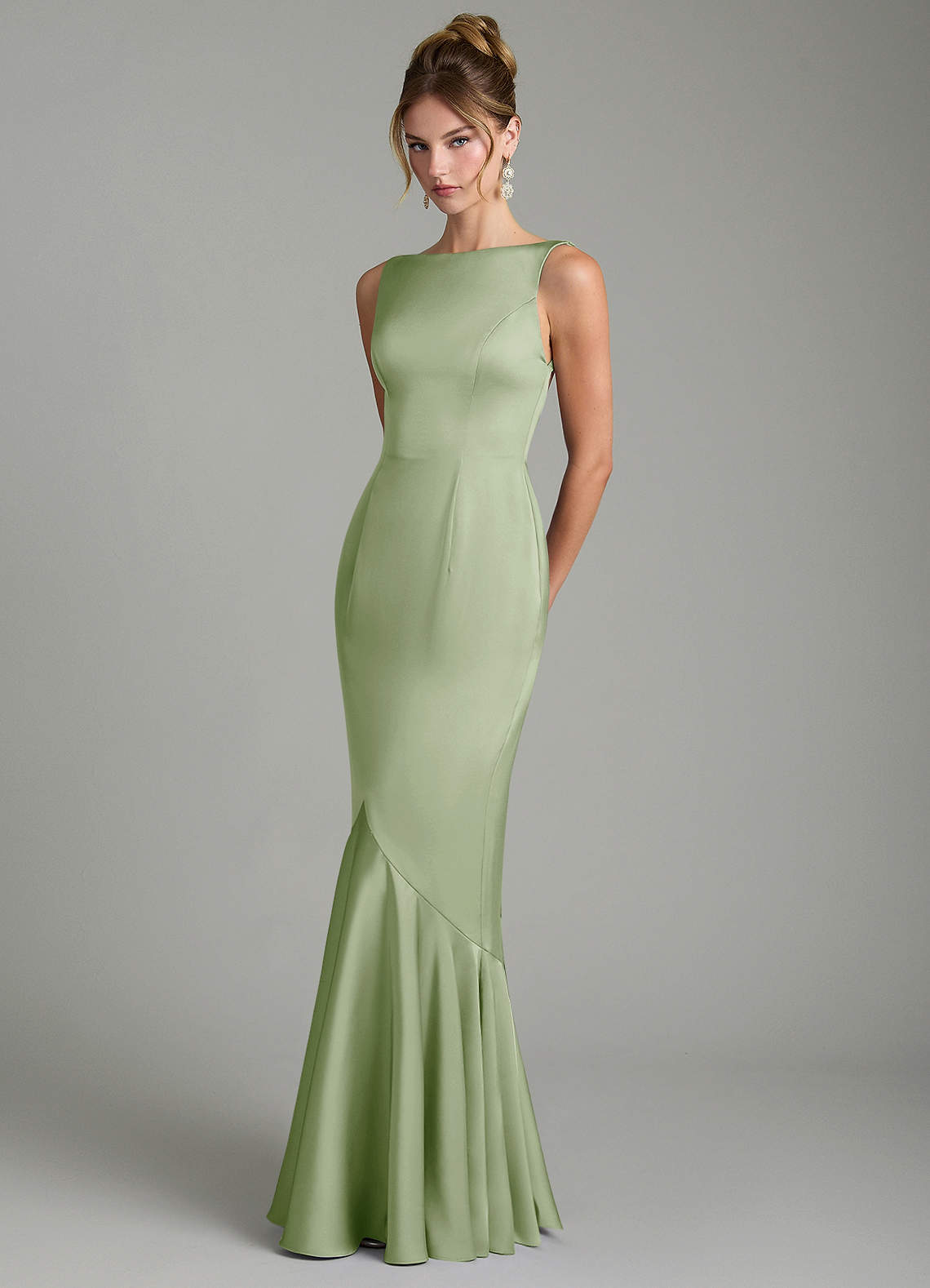 Azazie Tamera At-home Try On Dresses Dusty Sage Mermaid Pleated Stretch Satin Dress image1