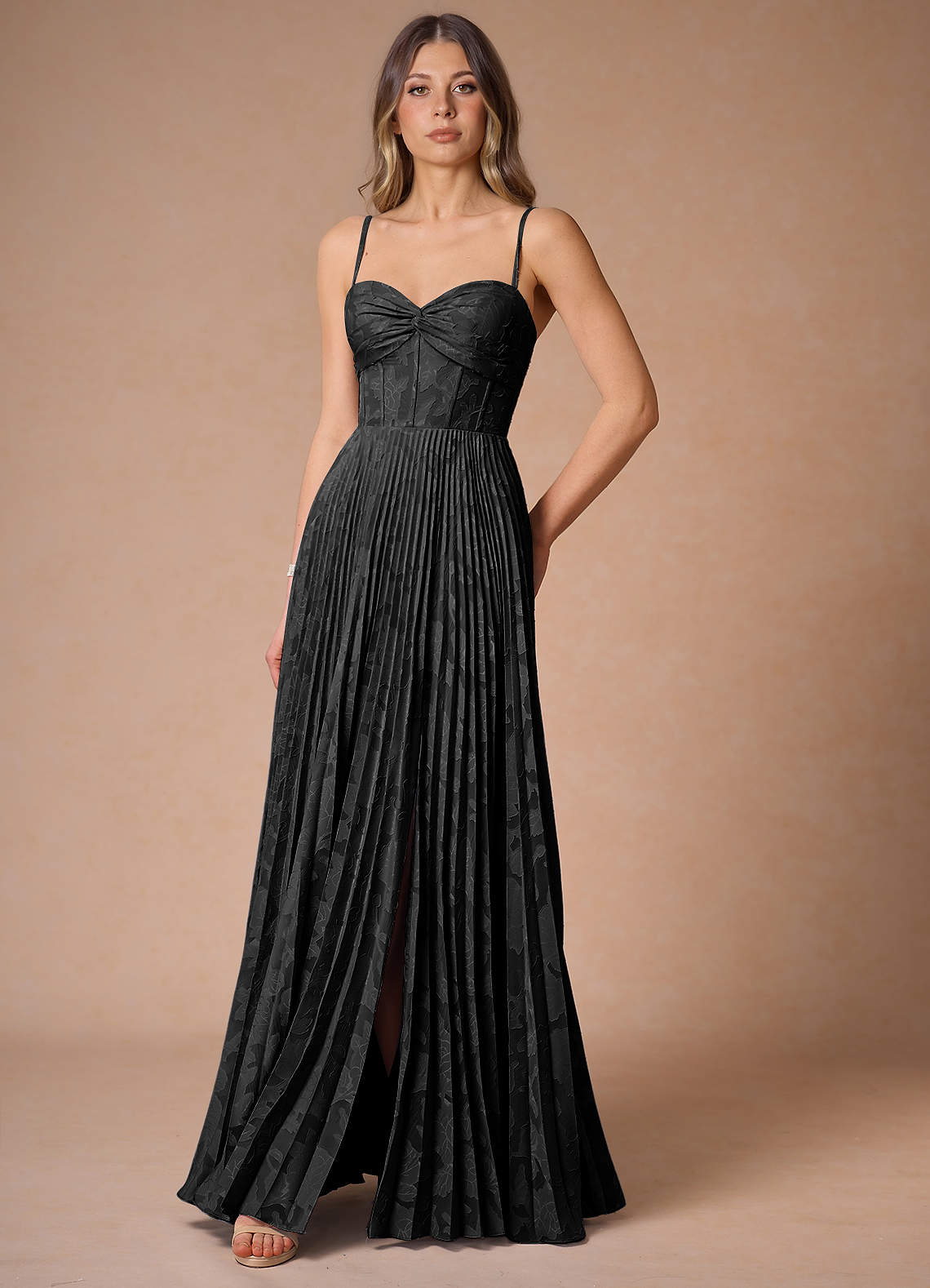 Akiko Black Pleated Maxi Dress | Azazie
