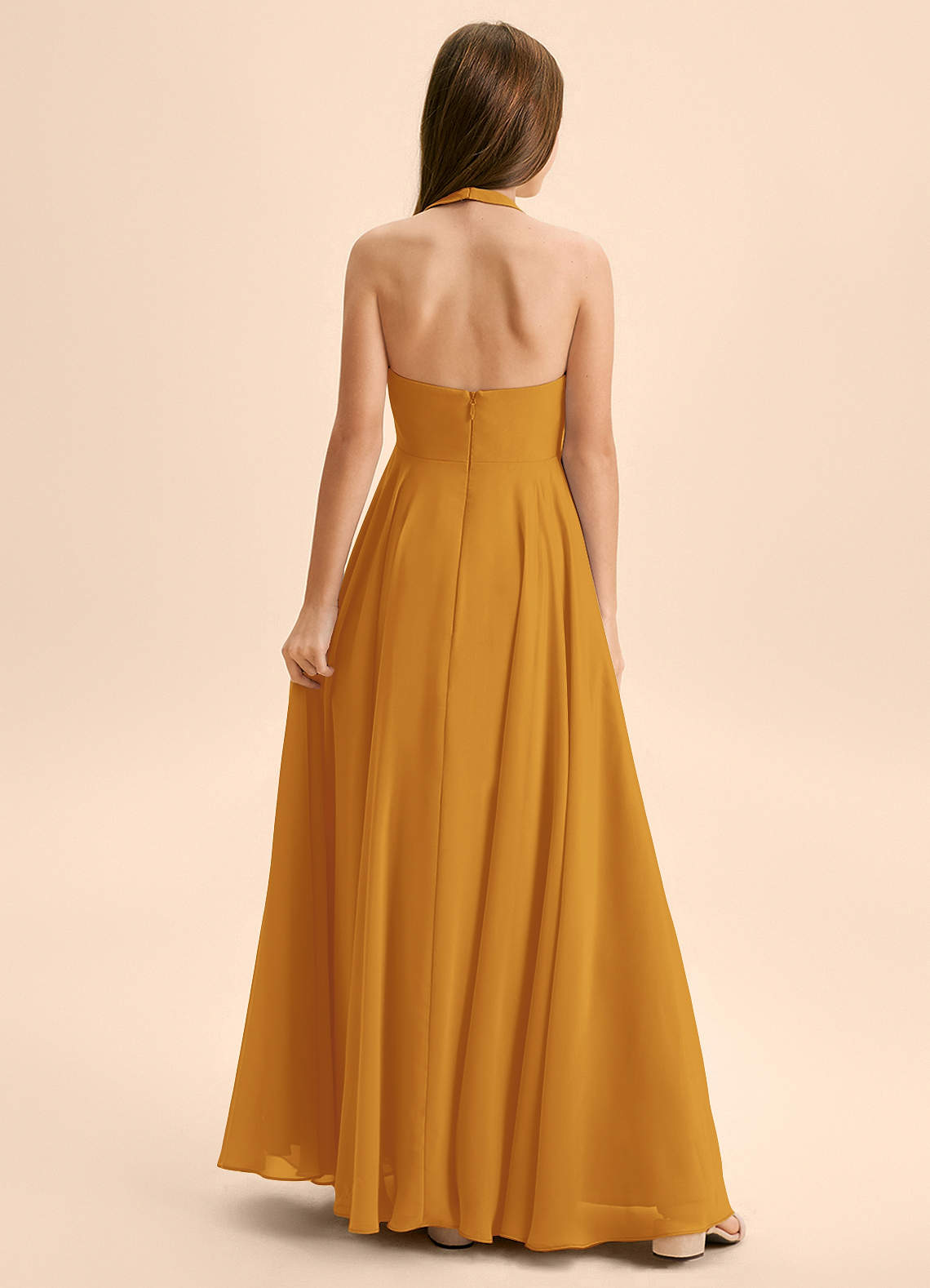Azazie Kady Junior Vestido Caramelo de Chiffon de Linha A com Decote em coração image1