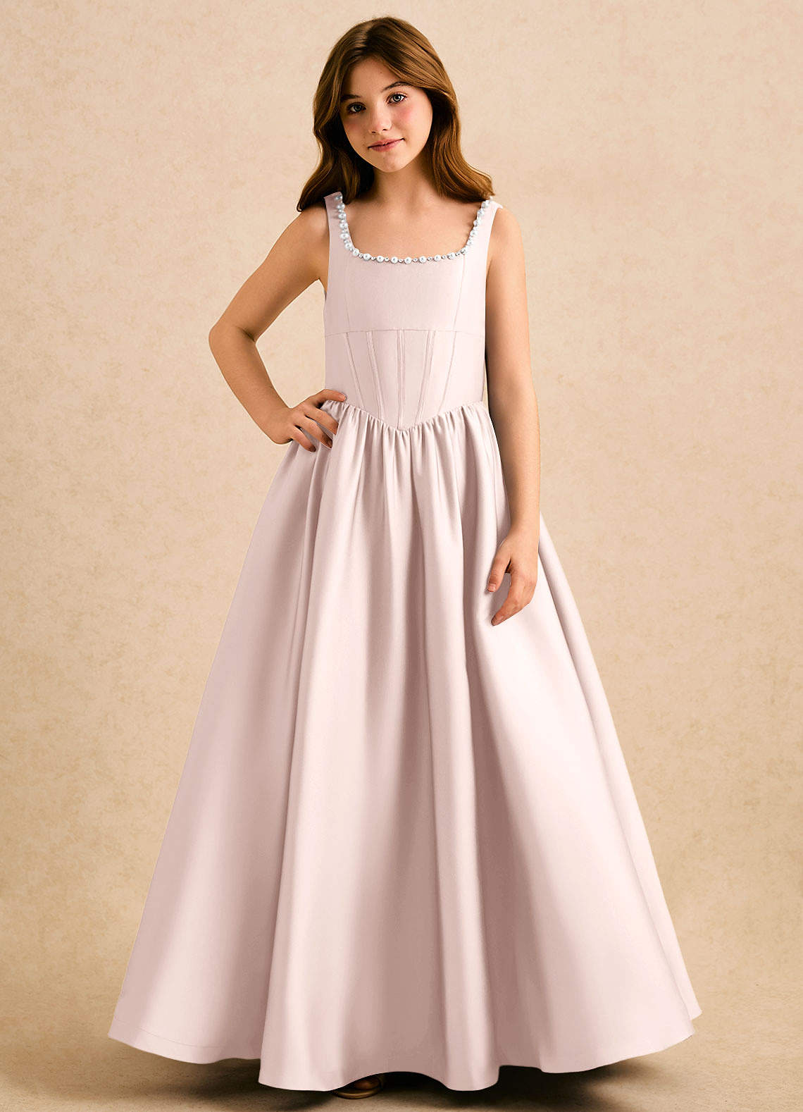 Azazie Enid Girls Formal Flower Girl Dresses Blushing Pink A-Line Beaded Stretch Satin Dress image3