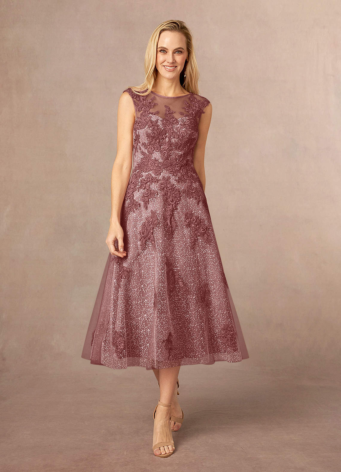 Azazie Flynn Mother of the Bride Dresses Desert Rose A-Line Boatneck Lace Tulle Dress image1