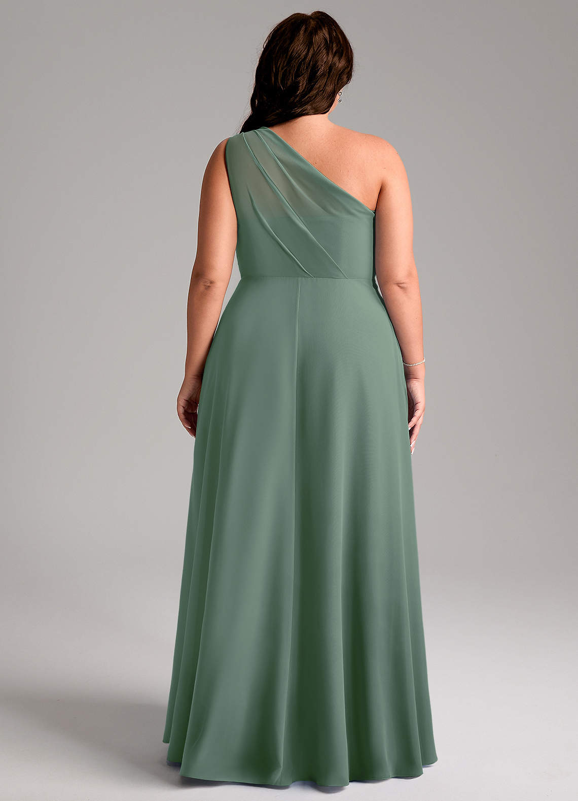 Azazie Phaedra Vestidos de damas de honor Vestido de Eucalipto de Gasa de Corte en A con Hombro unilateral image1