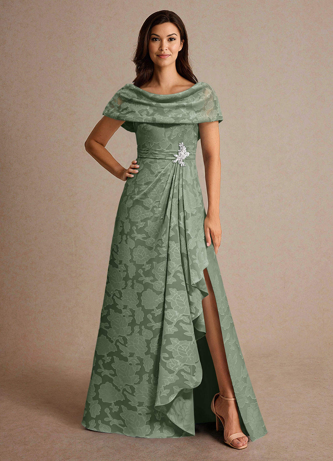 Azazie Branford vestidos de madre de la novia Vestido de Matcha de Devorado Floral de Corte En A con Plisado image1