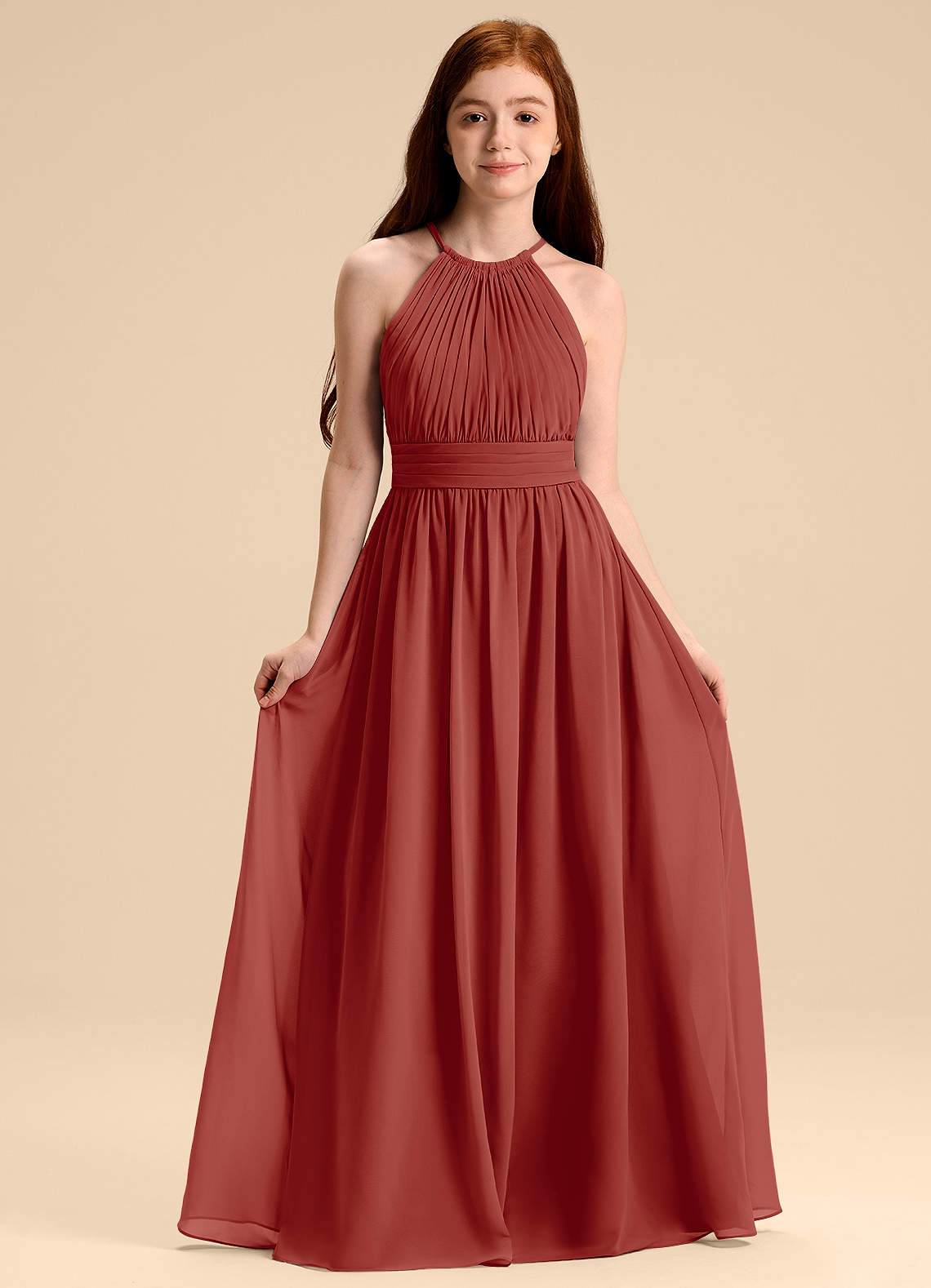 Azazie Malone Junior Terracotta A-Line Pleated Chiffon Dress image1