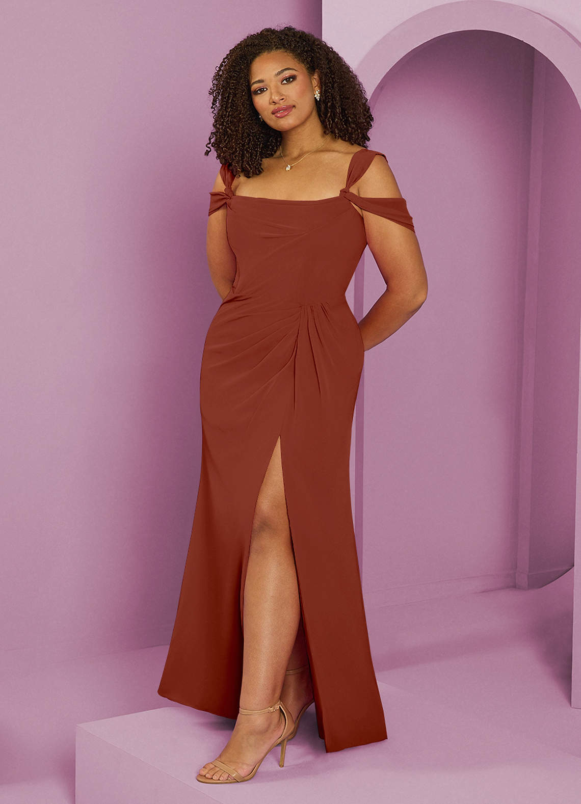 Barbie ♥ Azazie Bridesmaid Dresses Auburn A-Line Off the Shoulder Chiffon Dress image1