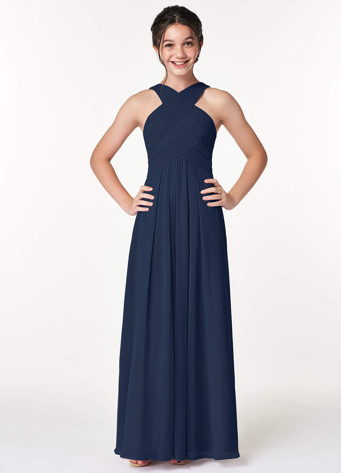 Azazie Kaleigh Junior Dark Navy A-Line Pleated Chiffon Dress image1