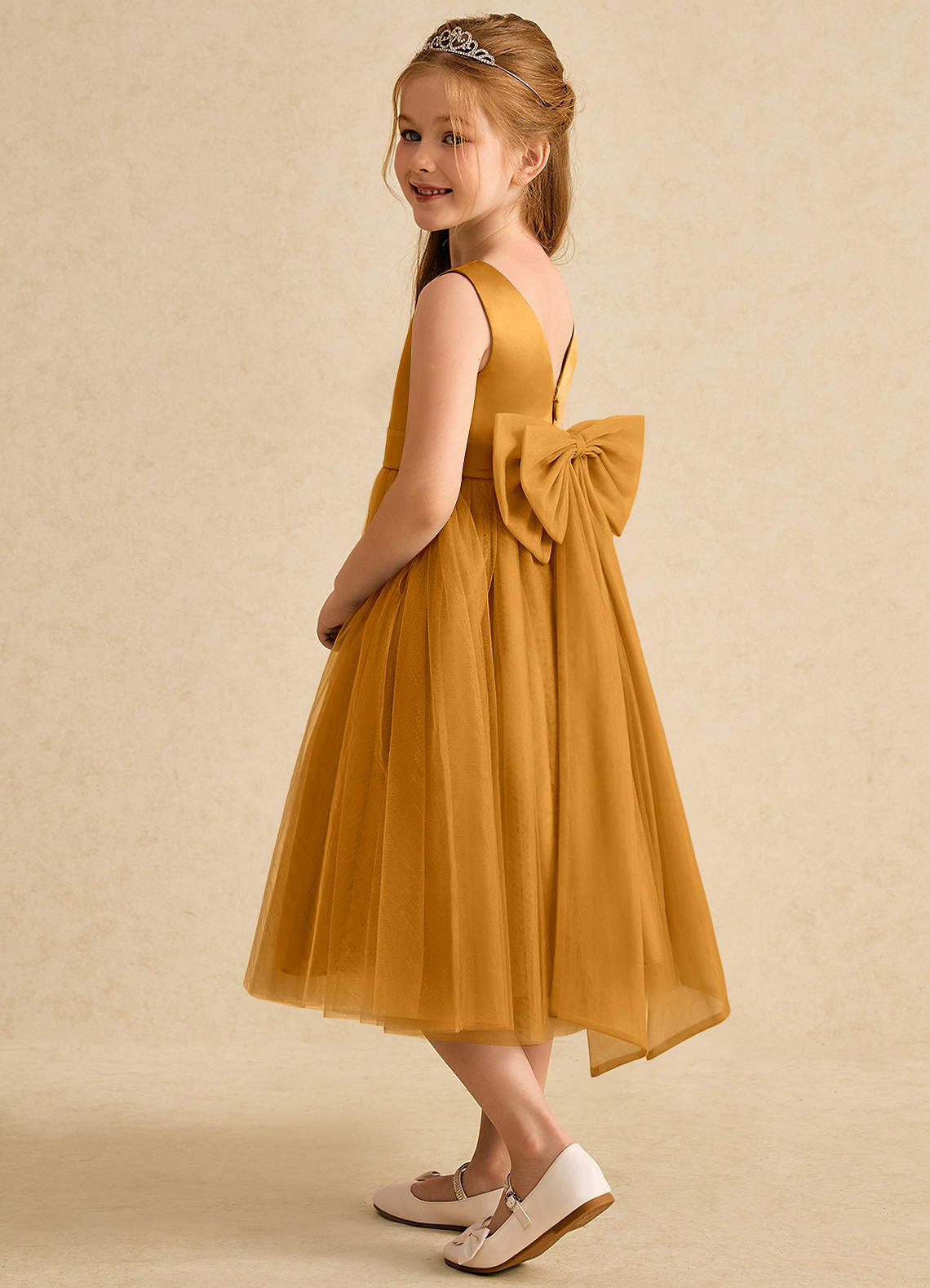 Azazie Winnie Robe Demoiselle D'honneur Fillette Robe Princesse en Tulle Arc Caramel écossais image4