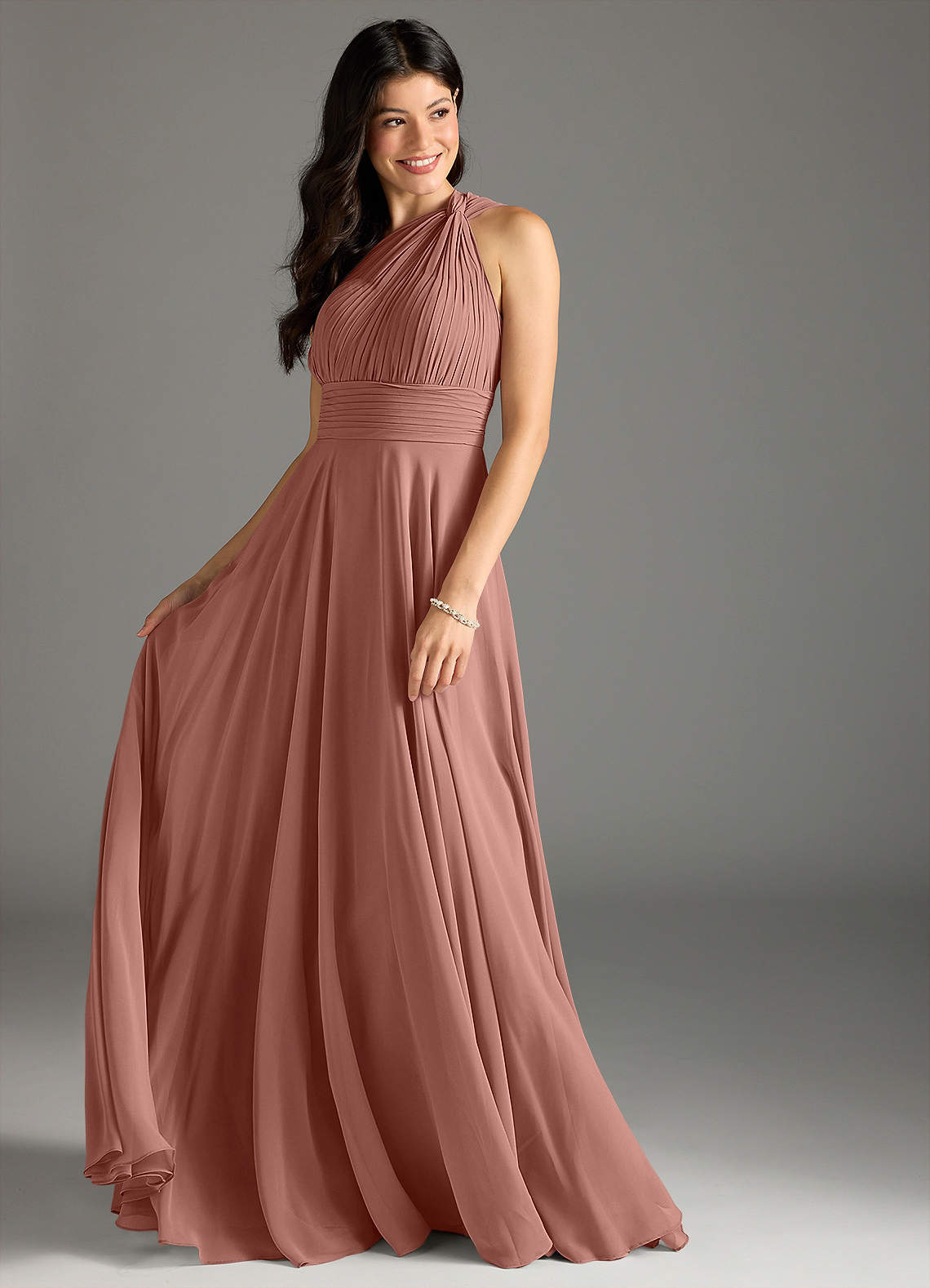 Azazie Charlize Bridesmaid Dresses Cedar Rose A-Line One Shoulder Chiffon Dress image2