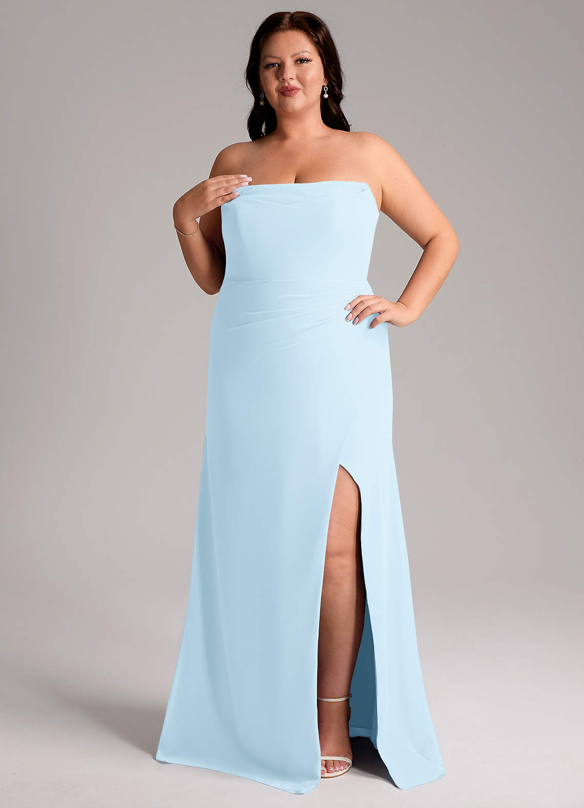 Azazie Leonis At-home Try On Dresses Sky Blue Sheath Strapless Chiffon Convertible Dress image11