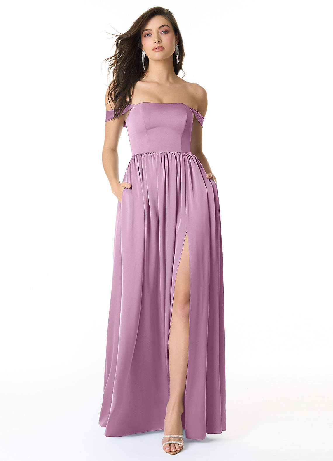 Azazie Morana Brautjungfernkleider Wandelbar A-Linie Schulterfrei Stretch-Satin Kleid Blauregen image1