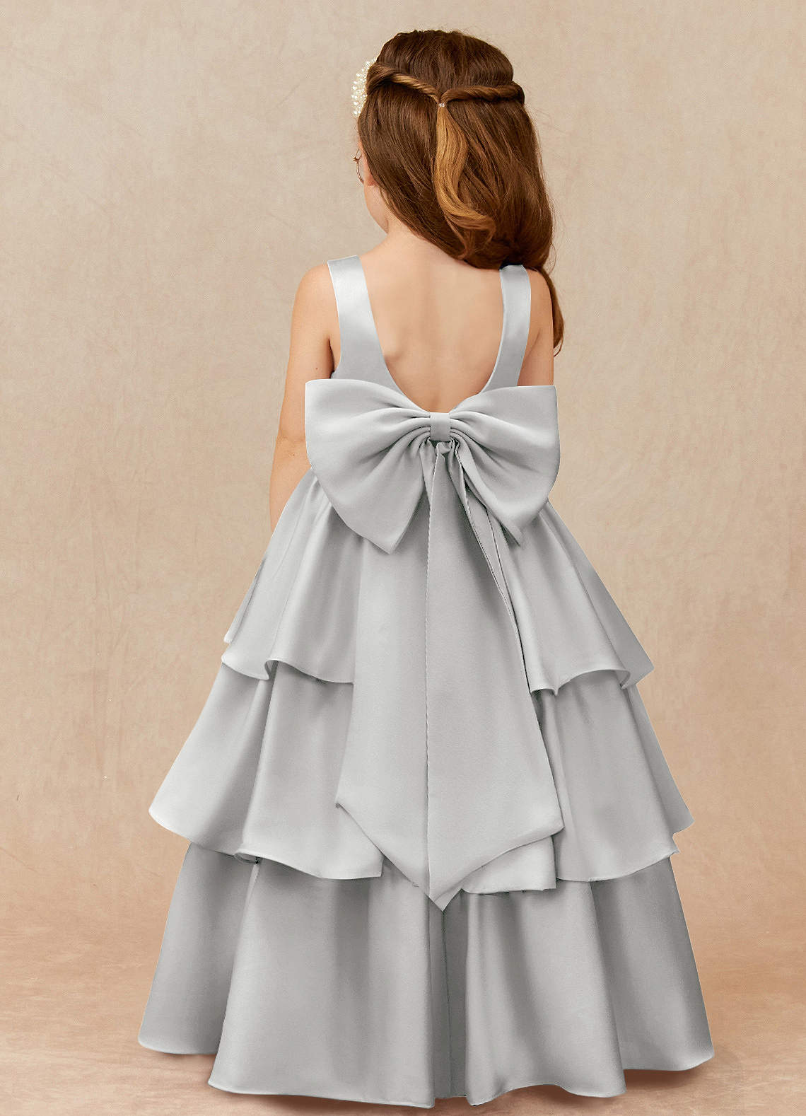 Azazie Margie Flower Girl Dresses Silver A-Line Bow Stretch Satin Dress image1
