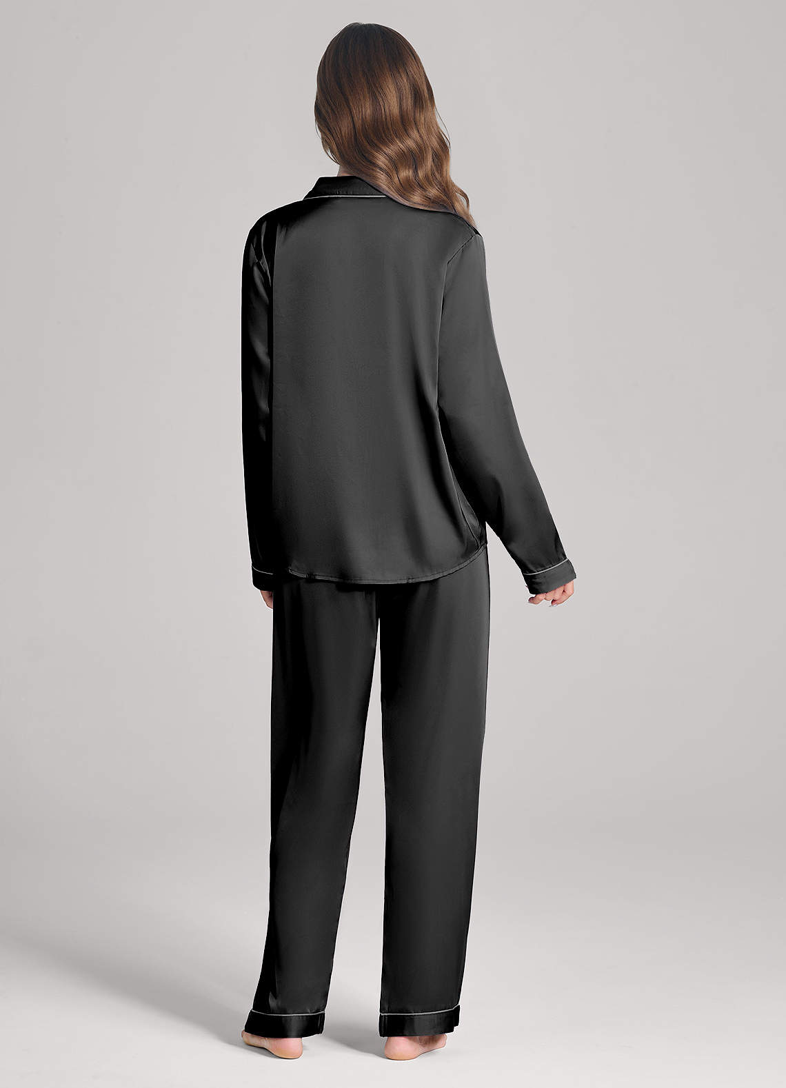 front Matching Color Long Sleeves and Pants Satin PJ Set