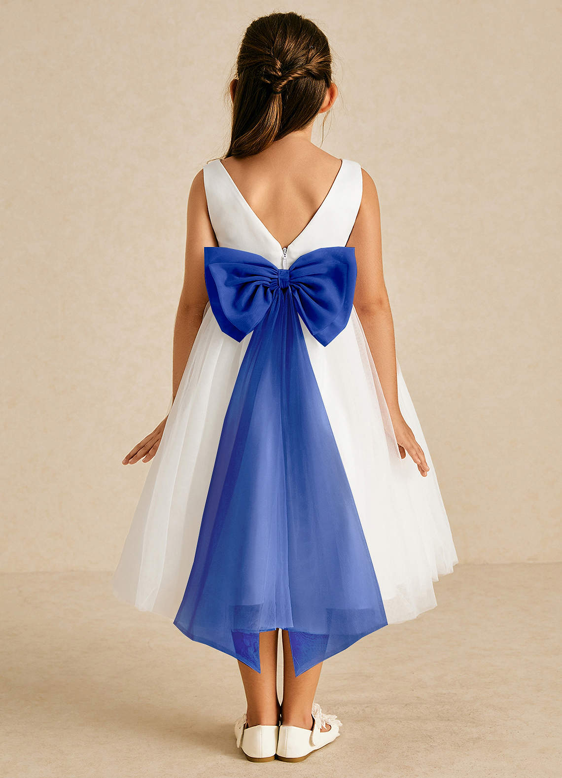 Azazie Kavi Flower Girl Dresses Ivory Royal Blue A-Line Bow Matte Satin Dress image1