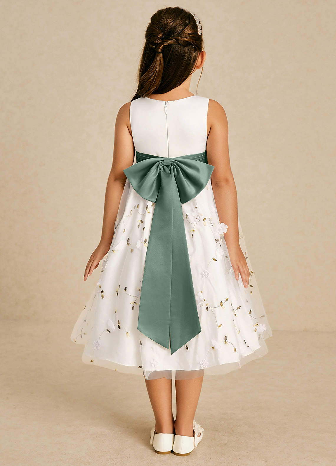 Azazie Pollie Flower Girl Dresses Ivory Eucalyptus A-Line Bow Tulle Dress image1