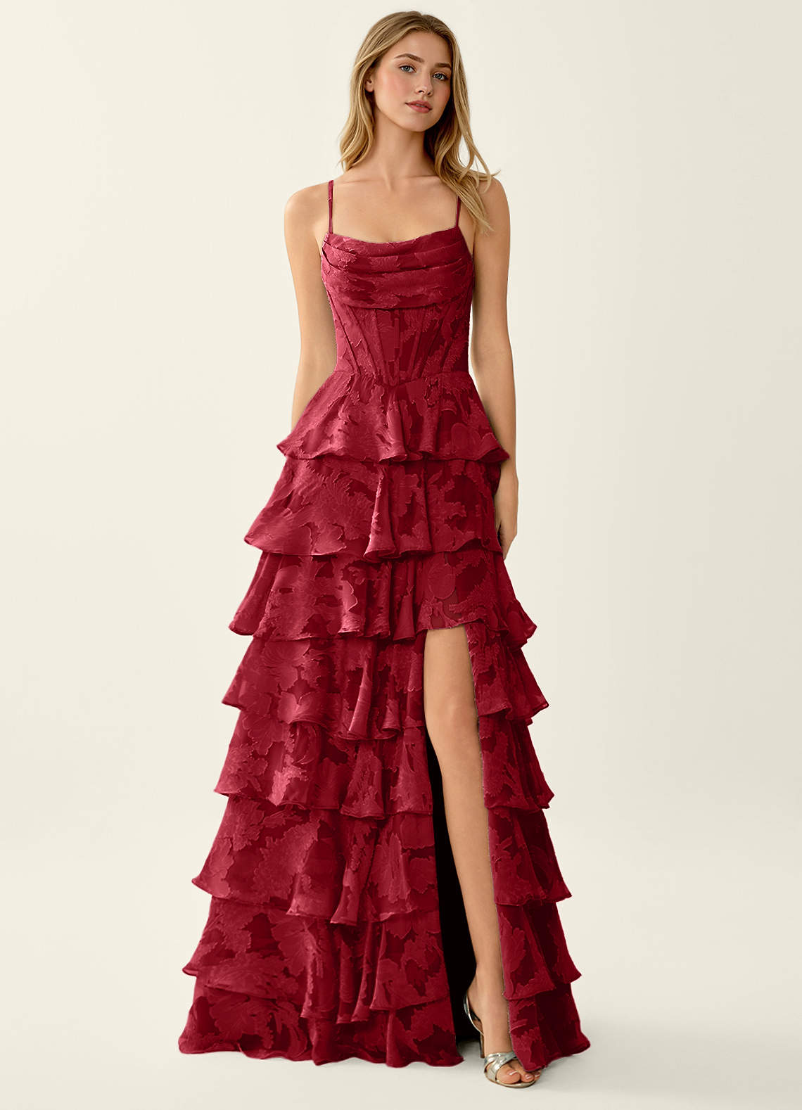 Wrenana Ruby Red Textured Floral Jacquard Prom Dress | Azazie