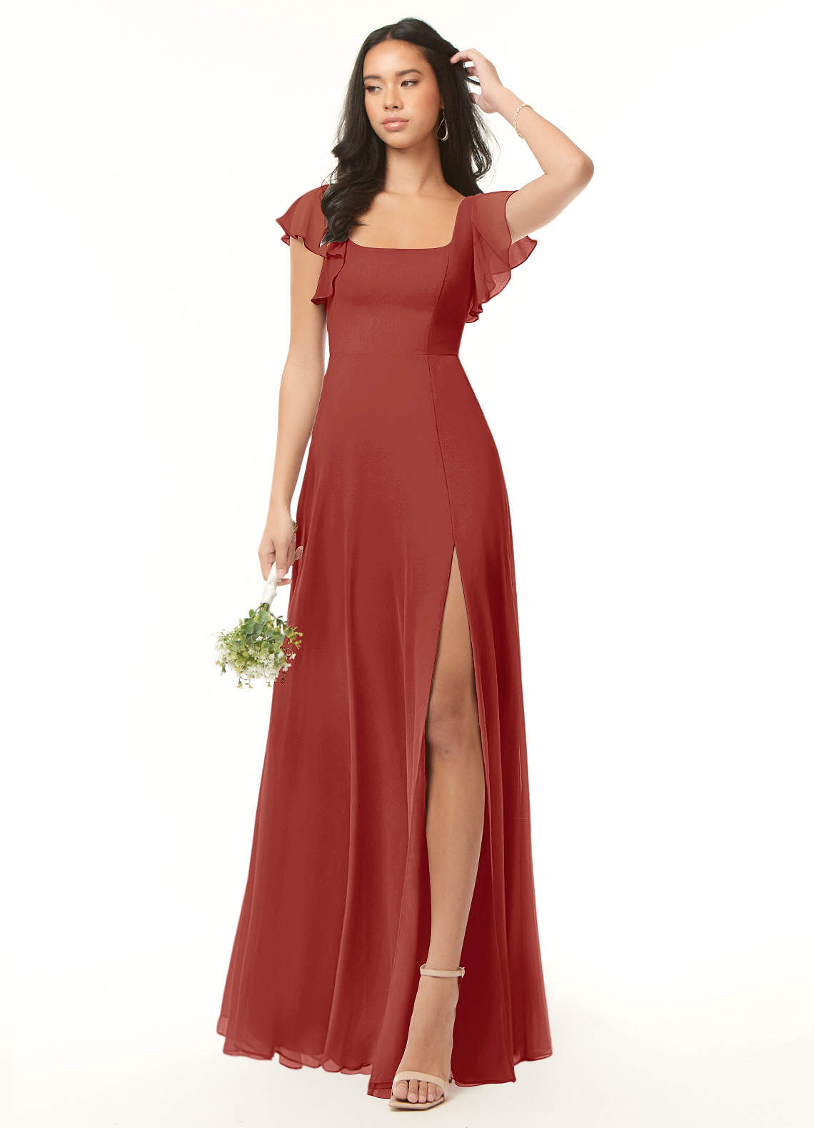 Azazie Bondi Vestidos de madrinha de casamento Vestido Terracota de Chiffon de Linha A com Ruched image1