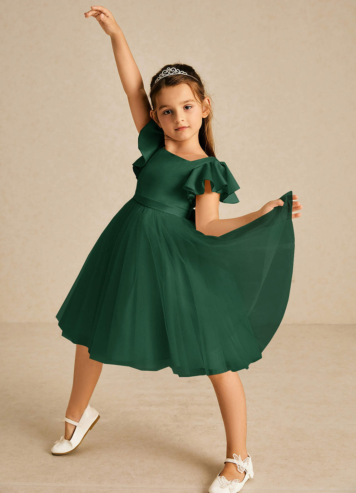Azazie Kaeya Flower Girl Dresses Dark Green A-Line Bow Tulle Dress image1