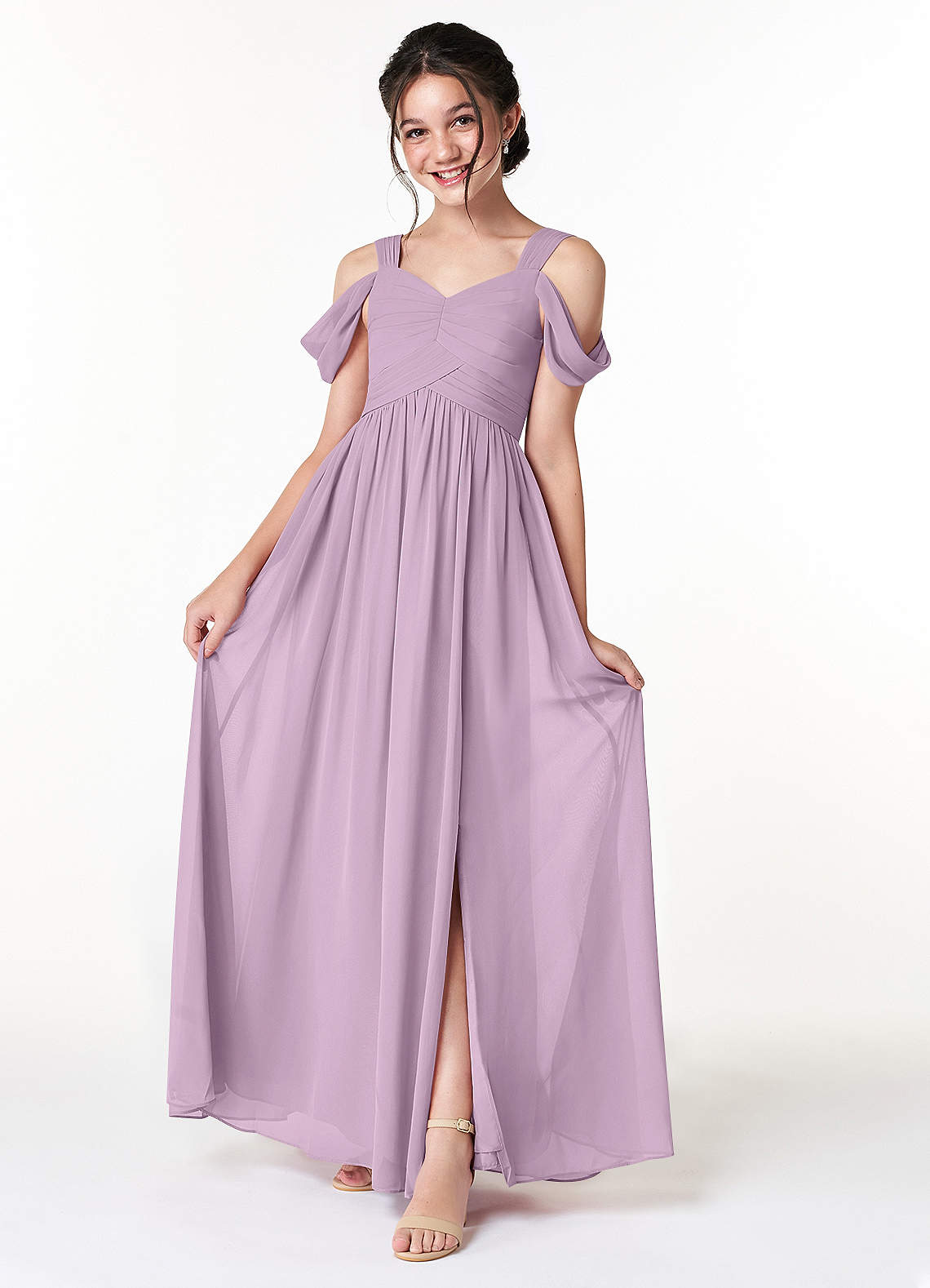 Azazie Lianne Junior Wisteria A-Line Off the Shoulder Chiffon Dress image1