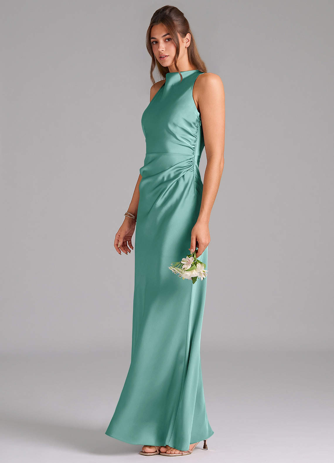 Azazie Evadne Bridesmaid Dresses Aqua A-Line Pleated Stretch Satin Dress image1