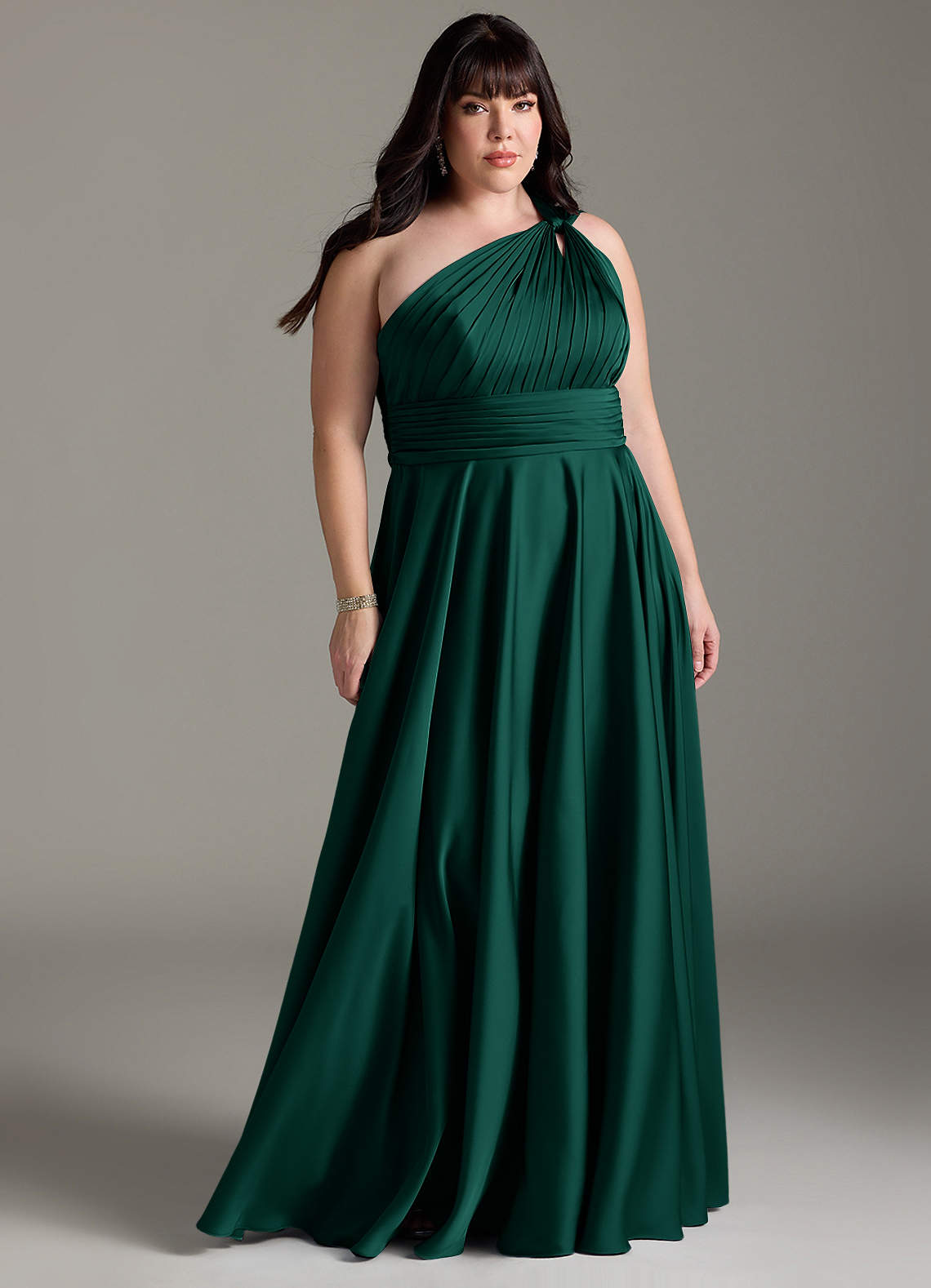 Azazie Charlize Bridesmaid Dresses Emerald A-Line One Shoulder Stretch Satin Dress image1