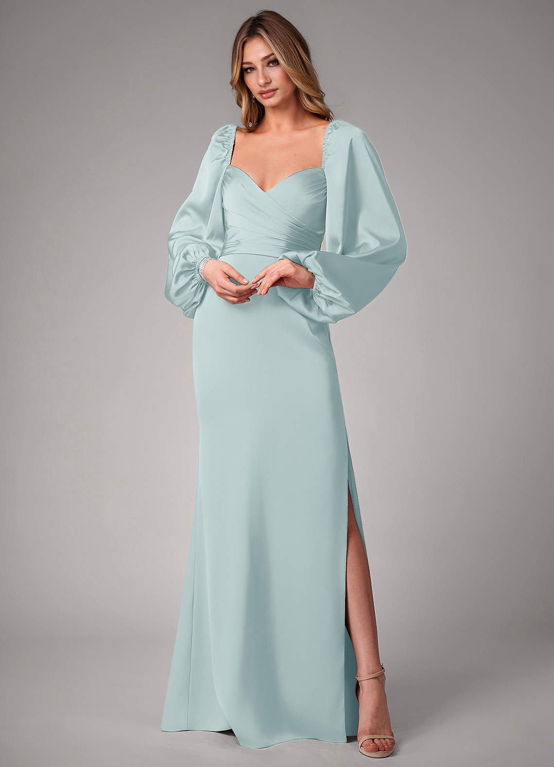 Azazie Sonata Bridesmaid Dresses Mist Sheath Long Sleeve Stretch Satin Convertible Dress image1