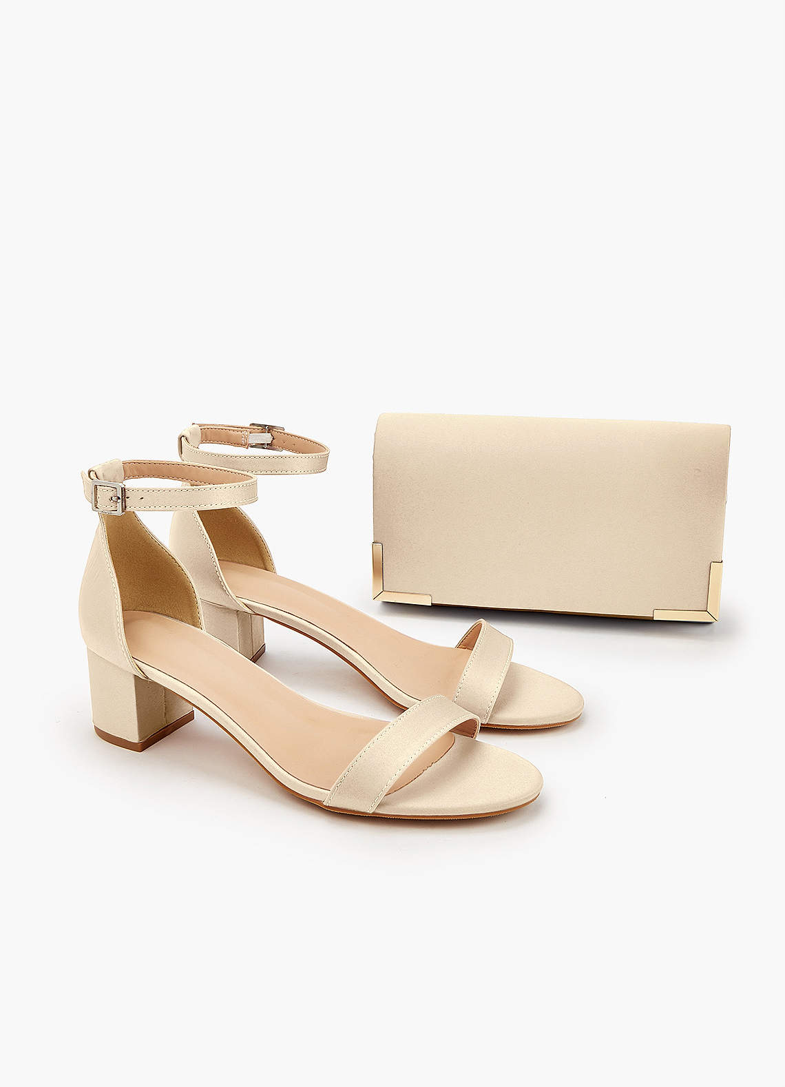 front Matching Color Matte Satin Block Heel Sandals & Envelope Clutch Set