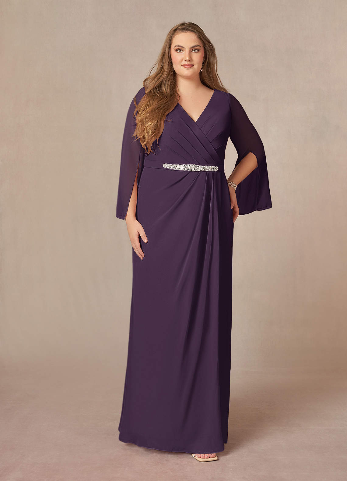 Azazie Belinda Mother of the Bride Dresses Plum A-Line V-Neck Pleated Chiffon Dress image1