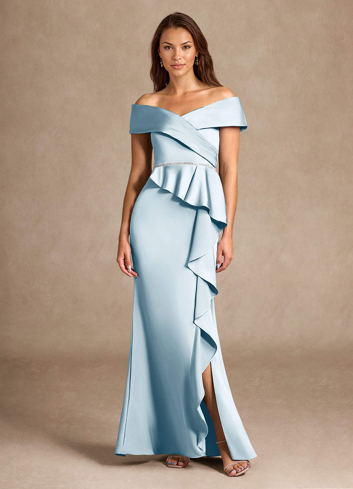 Azazie Dareia Mother of the Bride Dresses Sky Blue Mermaid Off the Shoulder Stretch Satin Dress image1