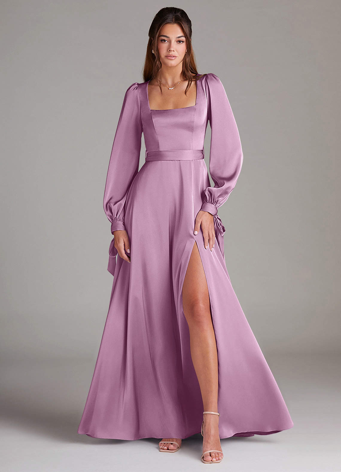 wisteria long bridesmaid dress BABARONI Square Neckline A-line Chiffon Dress With Pocket Wisteria, Wisteria / US0