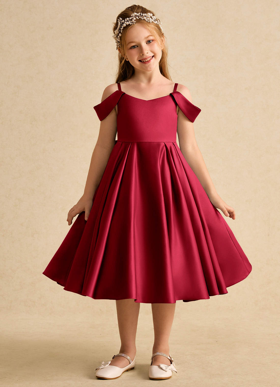 Azazie Favia Flower Girl Dresses Scarlet A-Line Off the Shoulder Matte Satin Dress image1