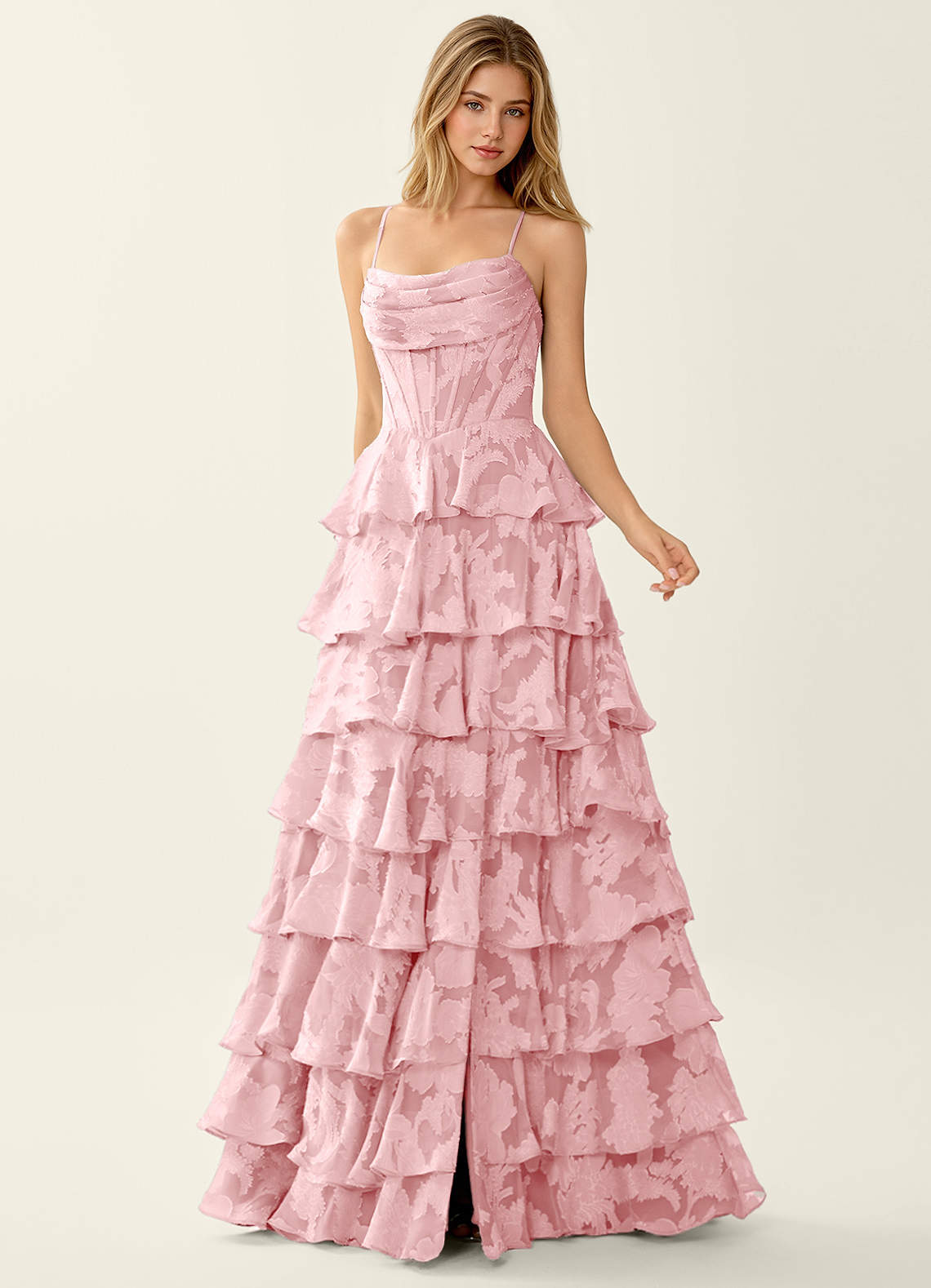 Wrenana Coral Pink Textured Floral Jacquard Prom Dress | Azazie