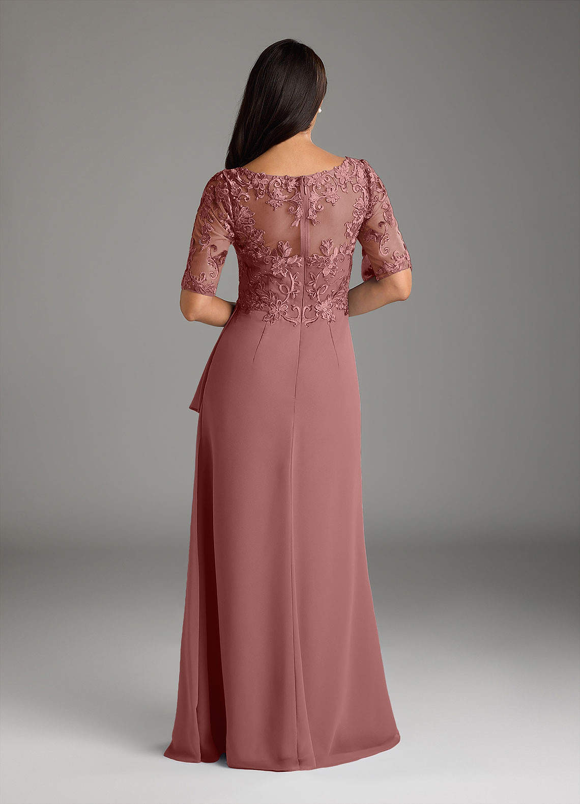 Azazie Amedeus vestidos de madre de la novia Vestido Rosa Del Desierto de Gasa de Corte en A con Encaje cuello pico image3