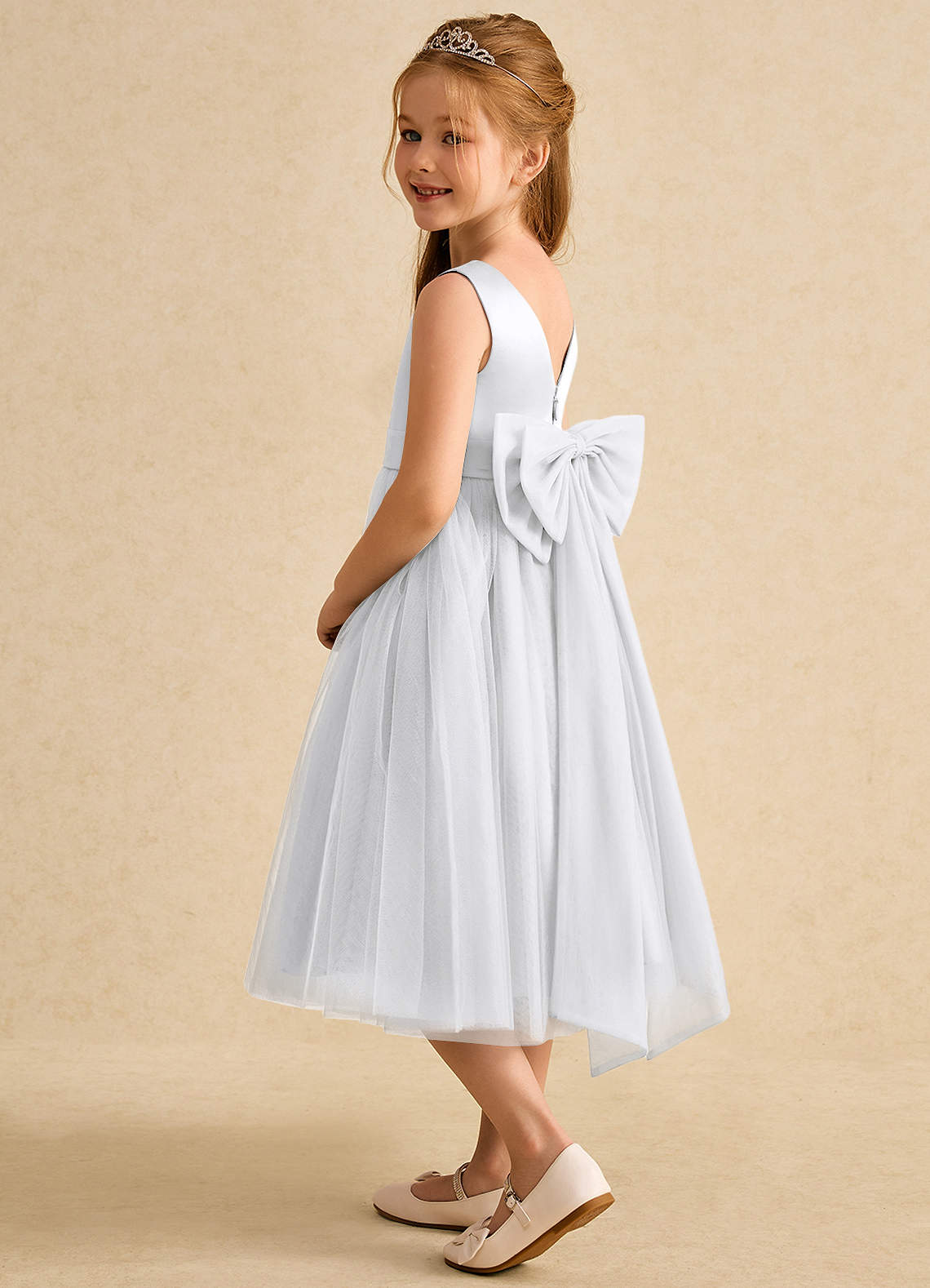 Azazie Winnie Flower Girl Dresses White Ball-Gown Bow Tulle Dress image4