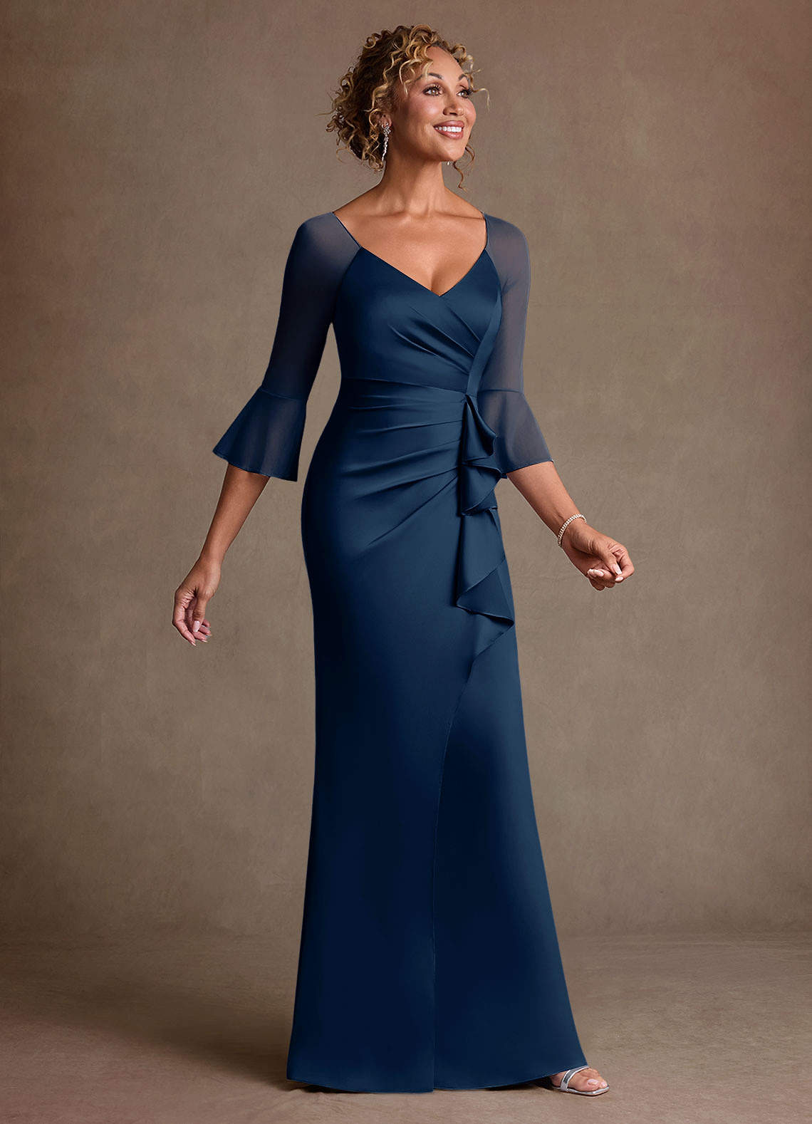 Azazie Nampa Dark Navy Sheath Pleated Mesh Dress | Azazie