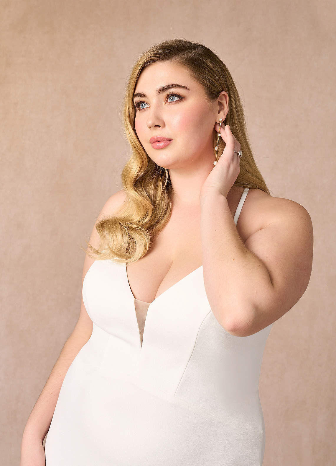 Azazie Iden Wedding Dresses Diamond White Champagne Mermaid V-Neck Stretch Crepe Dress image10