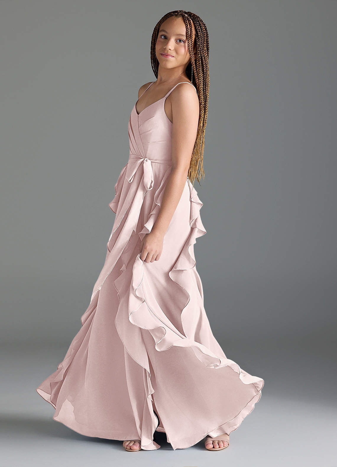 Azazie Peyton Junior Blushing Pink A-Line V-Neck Cascading Ruffles Chiffon Dress image3